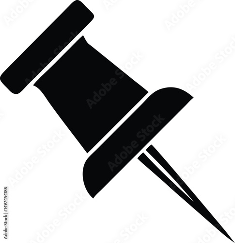 Isolated black push pin icon shows office supply element over transparent background