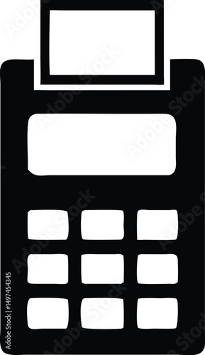 A solid black POS terminal with a blank display sits against a white background