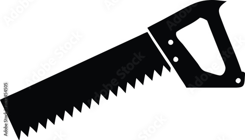 Isolated black silhouette of a hand saw is displayed on a transparent background