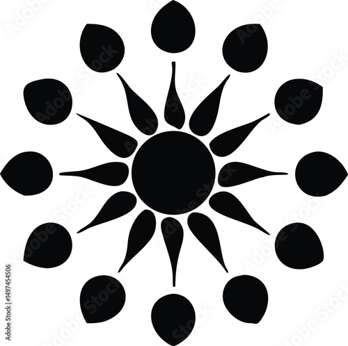 Solar silhouette radiates with teardrop beams and petal shaped outer form against a transparent backdrop