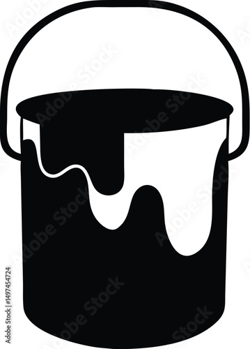 Black bucket overflows with white paint in a simple minimalist presentation on transparent background