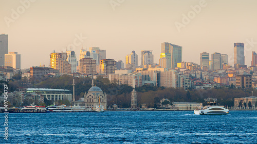 Photography Panoramic view of Istanbul, Turkey, showing modern towers and traditional architecture along the Bosphorus during sunset