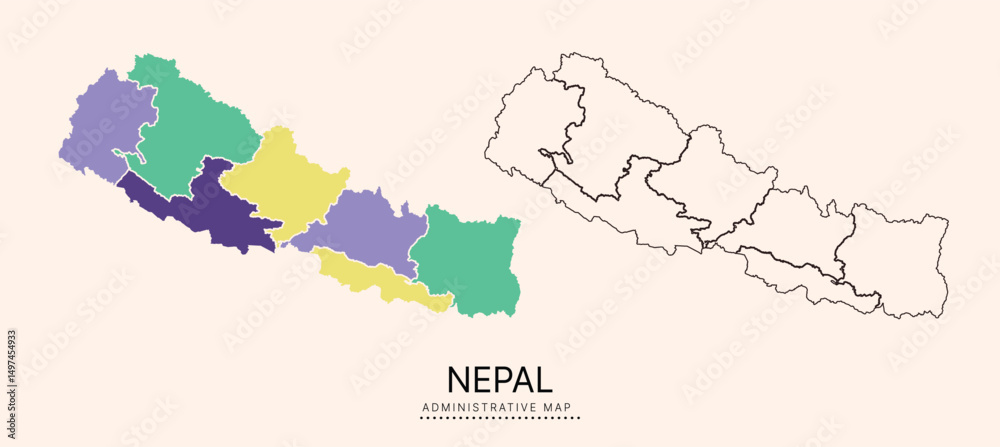 Fototapeta premium Nepal Map with multicolor separated administrative districts, editable separated layers, zones and borders. Map for presentation. Vector illustration