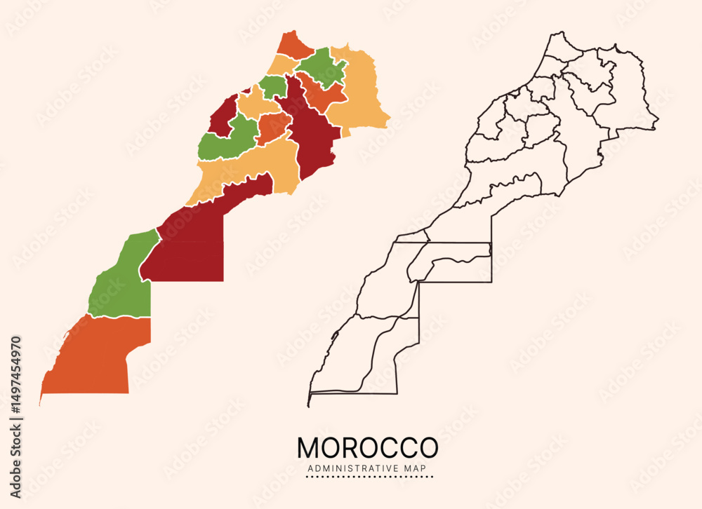 Obraz premium Morocco Map with multicolor separated administrative districts, editable separated layers, zones and borders. Map for presentation. Vector illustration