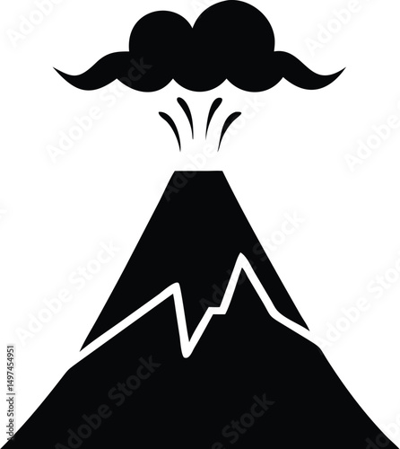 Black erupting volcano shows smoke plume against white backdrop depicts volcanic activity