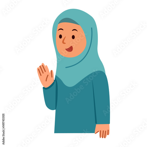 Smiling woman in teal hijab waving hello, modern flat style character design for diversity, inclusion, and Muslim lifestyle themes