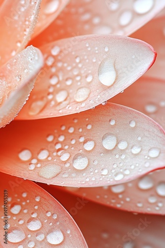 Delicate tropical flower petals display a stunning array of raindrops, creating a mesmerizing effect in the early morning light amidst a lush jungle backdrop