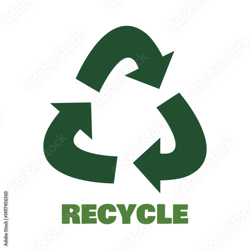 Recycle symbol with green text, flat eco icon for sustainability, waste sorting, eco lifestyle, and environmental conservation campaign materials