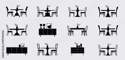 Set of Black and White Dining Room Furniture Icons