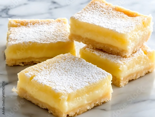 Neatly Cut Lemon Bars with Powdered Sugar on a Marble Surface
