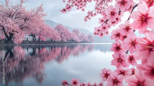 Peaceful cherry blossom landscape captured in wide angle early morning light reflecting beautifully in the calm waters soft pastel blossoms and sky polarizing filter to deepen colors no humans no text