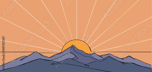 A continuous-line sun rising over mountains, with simple rays extending out