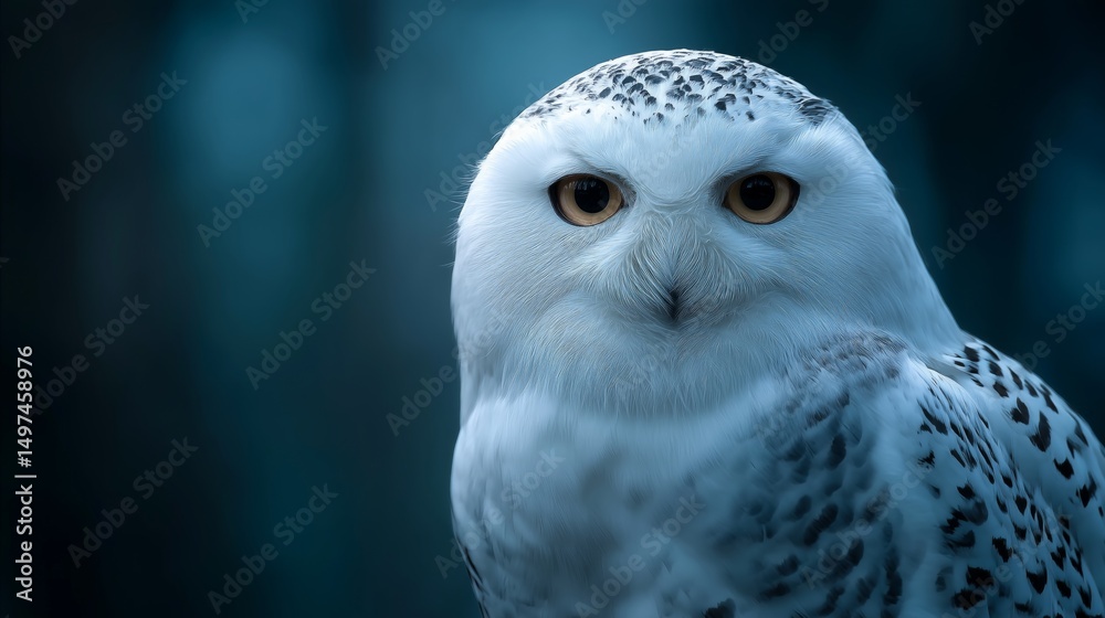 Fototapeta premium White Owl Staring Forward at Midnight with Moon Above in Dark Sky