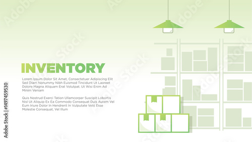 stack of cardboad with abstract goods arranged on warehouse shelves and lighting for inventory concept. clean coorporate screen size for print, presentation or web template vector illustration