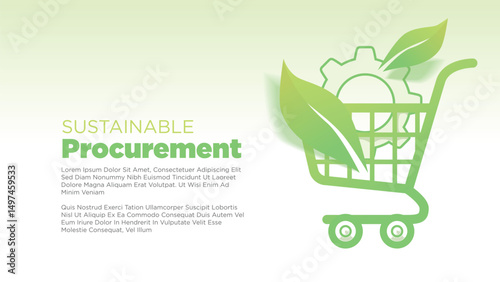 green shopping chart with gears and leaf for  sustainable procurement concept. clean coorporate screen size for print, presentation or web template vector illustration