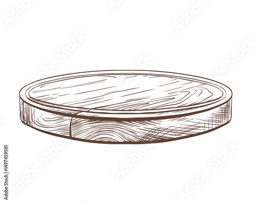 Round wooden serving board with natural grain texture, presented in clean black and white vector art. Minimalist line illustration for kitchenware branding and packaging design
