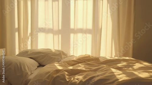cozy morning sunlight streaming through window curtains onto bed scene with soft golden shadows peaceful calm home atmosphere