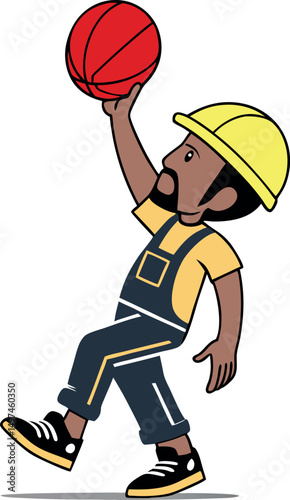 Construction Worker Playing Basketball During His Short Break Time