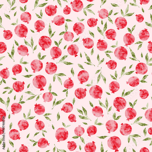 Bright watercolor pattern featuring pomegranates and green leaves on a soft pink background ideal for fabric design or backgrounds