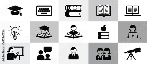 Black and White Education Icons Set for Website
