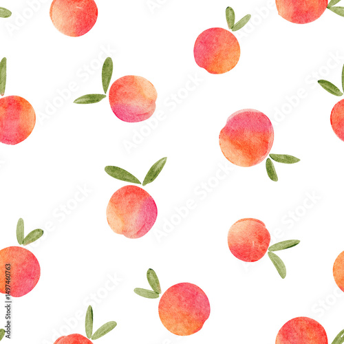 Fresh and vibrant watercolor pattern of small peaches with green leaves on a white background