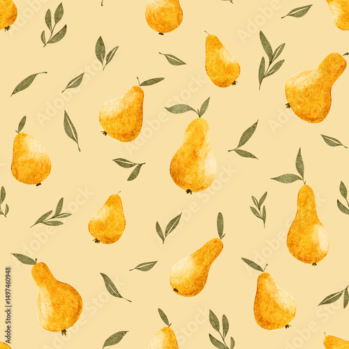 Colorful pattern featuring yellow pears and green leaves on a light background