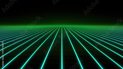 A grid of glowing neon green lines stretches into the distance on a dark background, creating a futuristic, digital landscape.