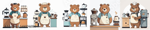 Cute Bear Barista Making Coffee – Flat Vector Illustration of Animal Cafe Worker