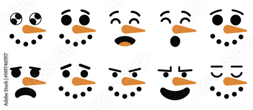 Ten Different Snowman Faces with Various Expressions