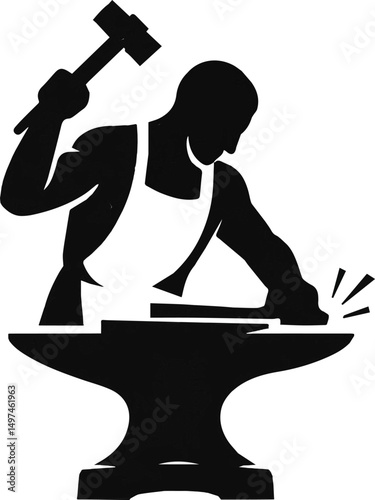 Create a blacksmith. Forge. Anvil and hammer logo design template, vector icon Illustration silhouette with white background.