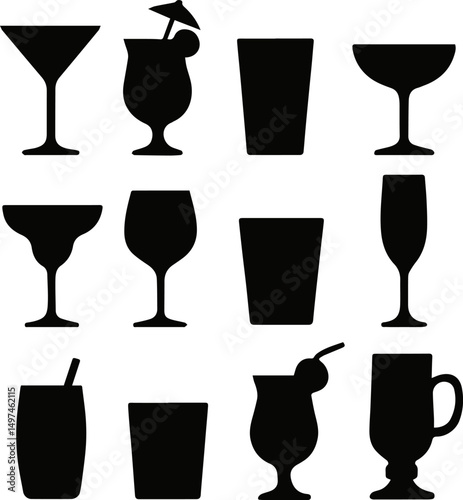 Create a Cocktail and Drink Silhouettes Set with white background.