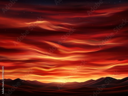 A vibrant sunset with dramatic red and orange clouds above dark rolling hills, creating a striking and colorful sky.