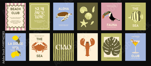 Abstract summer posters in a cartoon style. Decor on the wall, bright banners of summer, relaxation and rest in the minimalist style of Matisse. Decor of wallpaper, walls and postcards