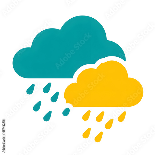 Stylized weather forecast icon featuring teal and yellow clouds with rain and snow falling against a white background