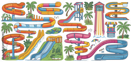 Water Park Slides Collection Cartoon Illustration