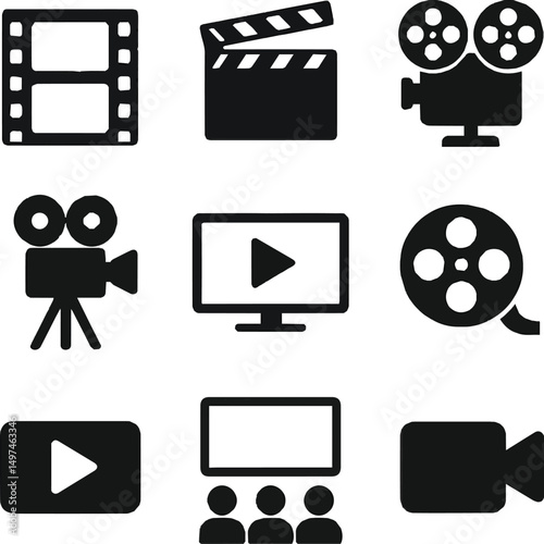 Create a kinds of Cinema icons set vector illustration. Contains such icon as film, movie, tv, video vector art silhouette with white background.
