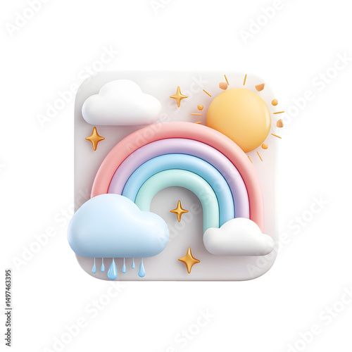 Playful and cheerful 3D icon depicting a pastel colored rainbow weather scene with fluffy clouds a shining sun and twinkling stars against a clean white background evoking a sense of wonder