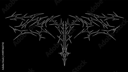 Neo tribal symmetrical shapes with intricate cyber sigilism patterns, blended into a dark cyber gothic abstract. ideal for Y2K tattoo art, futuristic streetwear, and edgy vector branding.