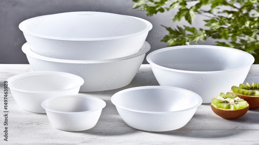 Fototapeta premium Assorted White Bowls in Various Sizes Arranged on a Table with Fresh Fruits and Greenery Background