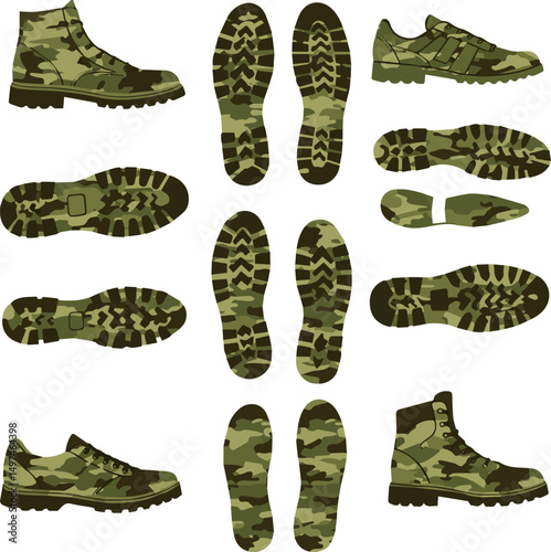 Create a kinds of camouflage, pattern, texture, military, footprint, army, foot, print, hand, illustration, war, vector, design, symbol, seamless, green, camo with white background