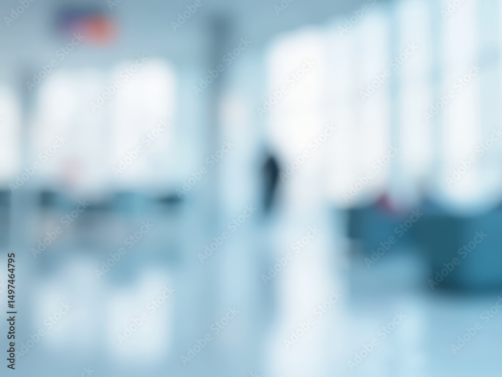 blurred figure walks through a bright expansive corridor. blurred figure walks through a bright expansive corridor.