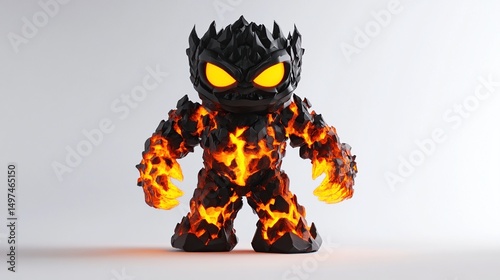 Dark, cartoonish, rock-like creature with fiery orange details,  standing against a plain white background