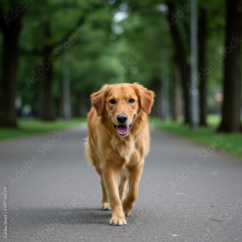golden retriever walks happily down a shaded pathway. photo