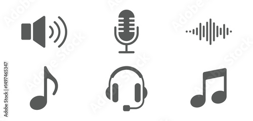 Audio Music Icons Set Sound Wave, Microphone, Headset, and Notes