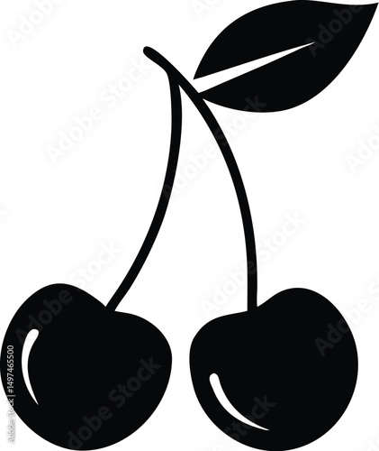 Two glossy cherries hang together with a vibrant green leaf overhead; transparent background