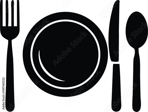 A black monochrome fork, plate, knife, and spoon show place setting