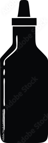 Isolated black silhouette illustrates an empty glass bottle with a stopper and transparent background