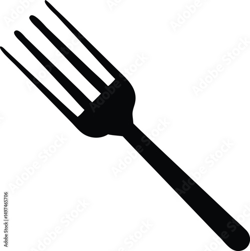 A solid black fork faces diagonally on a bright transparent background perfectly