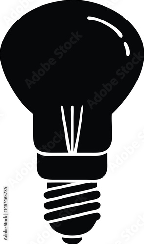 Single solid black lightbulb with filament is isolated on a transparent background