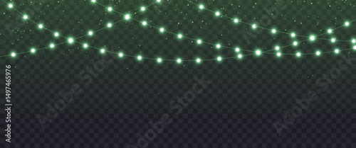 Green Christmas light garland background isolated on dark for Saint Patrick day or Halloween. Abstract Christmas lights with magic glow effectand glitter. Green garland vector illustration